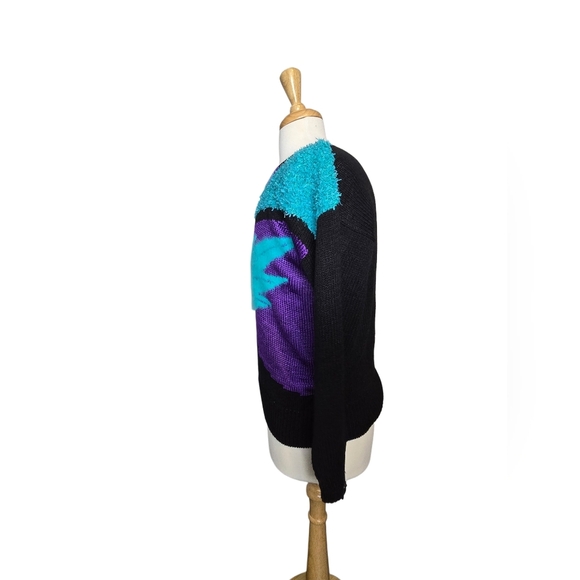 Color Block Granny Goodness Vibrant 3D Knit Flashy Geometric 80s Sweater Size LG - Picture 2 of 5